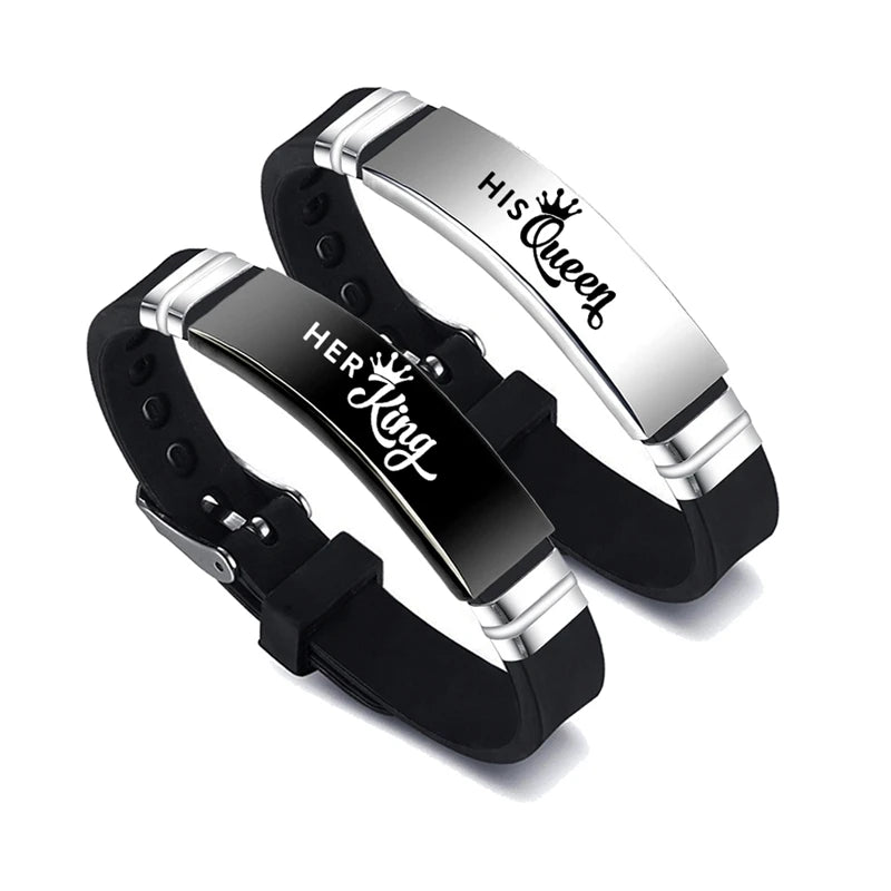2 Pcs/Set Trendy Valentine's Day Bangle Gift, His Queen Her King Couple Bracelet Stainless Steel Adjustable Silicone Strap