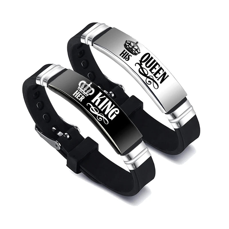 2 Pcs/Set Trendy Valentine's Day Bangle Gift, His Queen Her King Couple Bracelet Stainless Steel Adjustable Silicone Strap