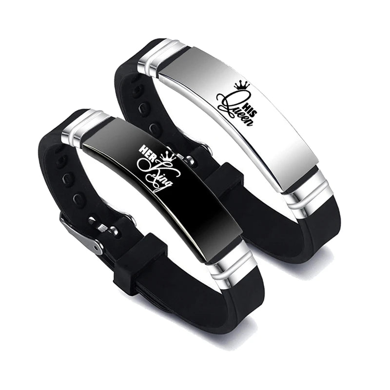 2 Pcs/Set Trendy Valentine's Day Bangle Gift, His Queen Her King Couple Bracelet Stainless Steel Adjustable Silicone Strap