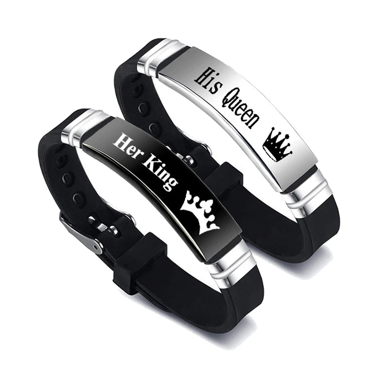 2 Pcs/Set Trendy Valentine's Day Bangle Gift, His Queen Her King Couple Bracelet Stainless Steel Adjustable Silicone Strap