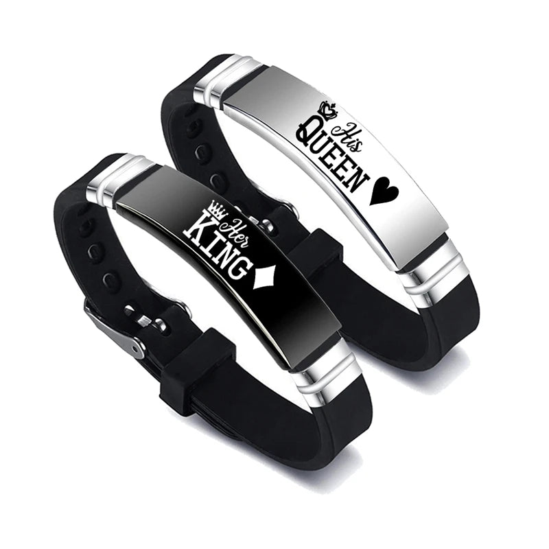 2 Pcs/Set Trendy Valentine's Day Bangle Gift, His Queen Her King Couple Bracelet Stainless Steel Adjustable Silicone Strap
